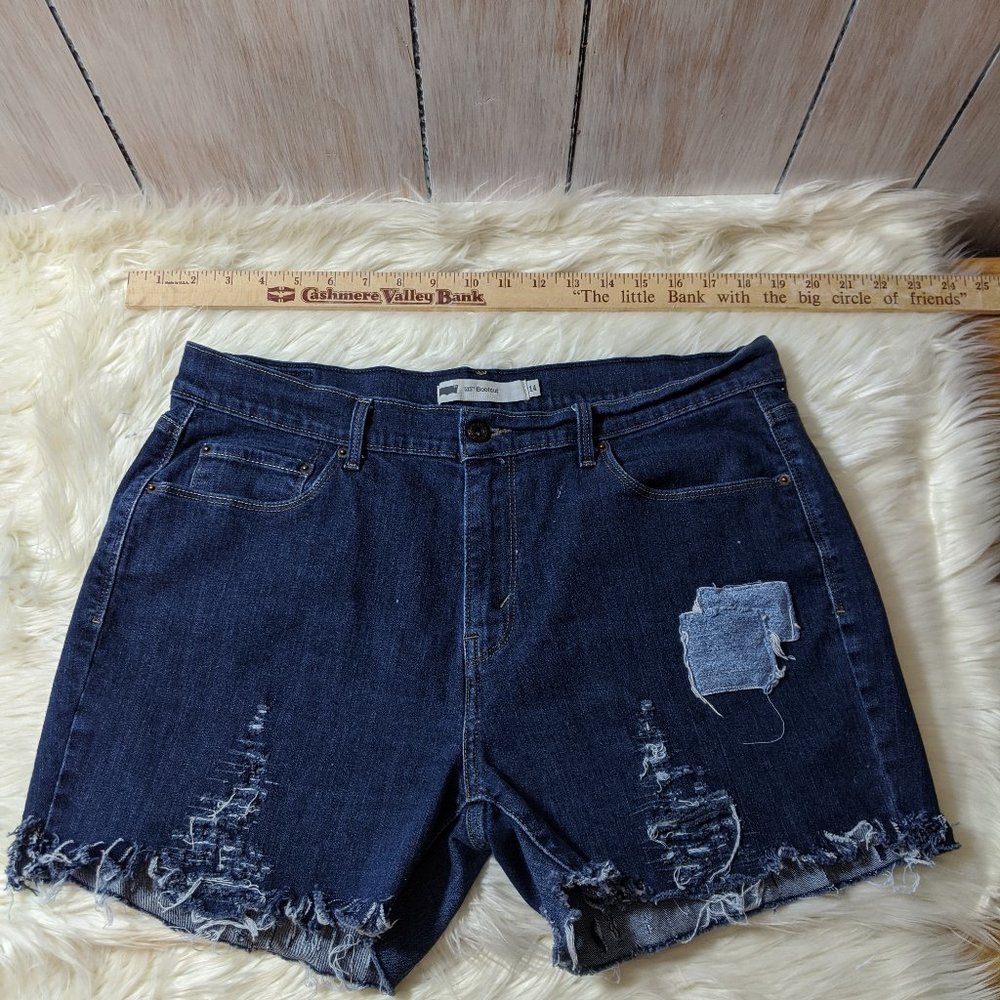 Dark wash Distressed patchwork Denim shorts